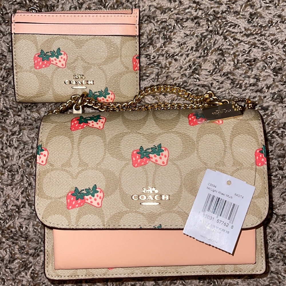 Coach Mini Klare Crossbody Signature Canvas w/ Strawberry Print + Card Case